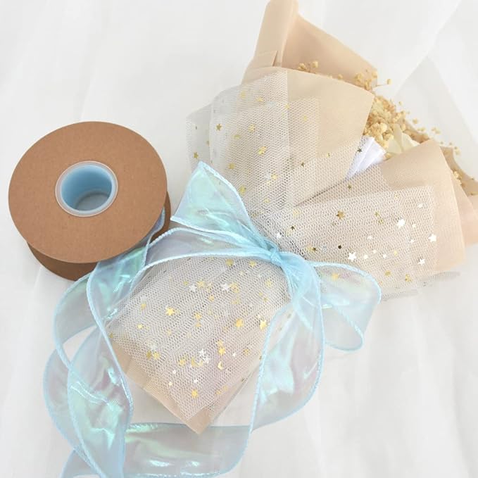 TONIFUL 1-1/2 Inch Wide Laser Light Sky Blue Wired Chiffon Ribbon Shimmer Sheer Organza Ribbons for Crafts Floral Bouquets Wedding Party Decorations Valentine's Day Gift Wrapping Bow Making (10yd)