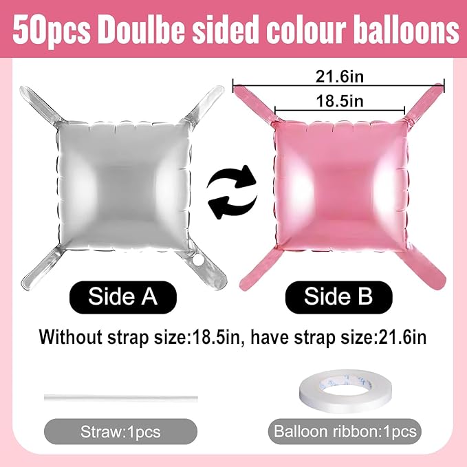 50Pcs Pink and Silver Square Foil Balloons Wall Backdrop, Double Sided Metallic Foil Balloons Tunnel Arch Garland Kit for Photo Booth Birthday Wedding Halloween Christmas Party Decorations