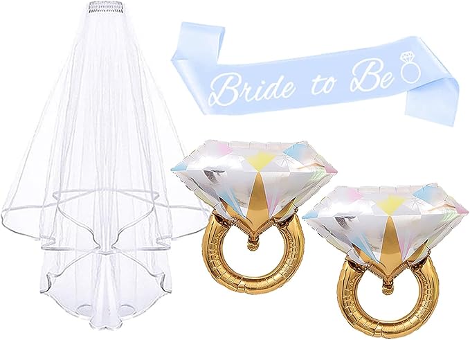 4PCS Bride To Be Sash and Veil, Blue Sash and Bachelorette Veils Accessories for Bridal Shower Engagement Wedding