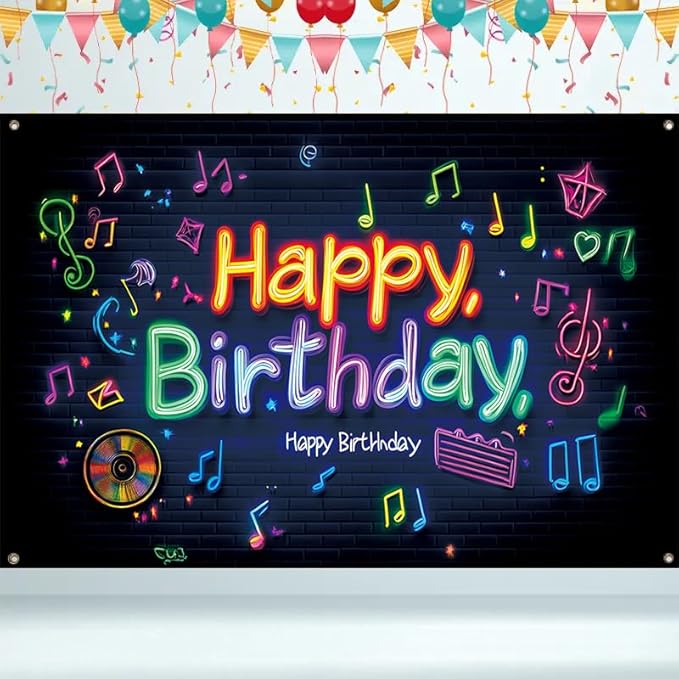 large 71x43 inch neon effect birthday porch banner suitable for indoor/outdoor birthday party decoration, with colorful music symbols, waterproof fabric suitable for terrace, courtyard, home and event decoration