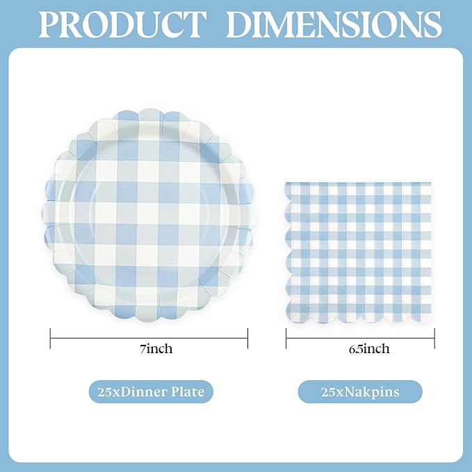 50PCS Light Blue Gingham Party Supplies - 7Inch Blue Scalloped Dessert Paper Plates and Napkins Set Disposable Plaid Dinner Party Set Cutlery for Baby Shower Birthday Wedding, Serve 25