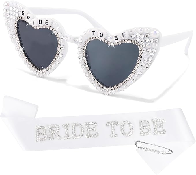 Bride to Be Sunglasses & Bride to Be Sash Set - White Satin Sash with Rhinestone Lettering & Pearl-Embellished Sunglasses for Bachelorette Party, Bridal Shower & Wedding Celebrations