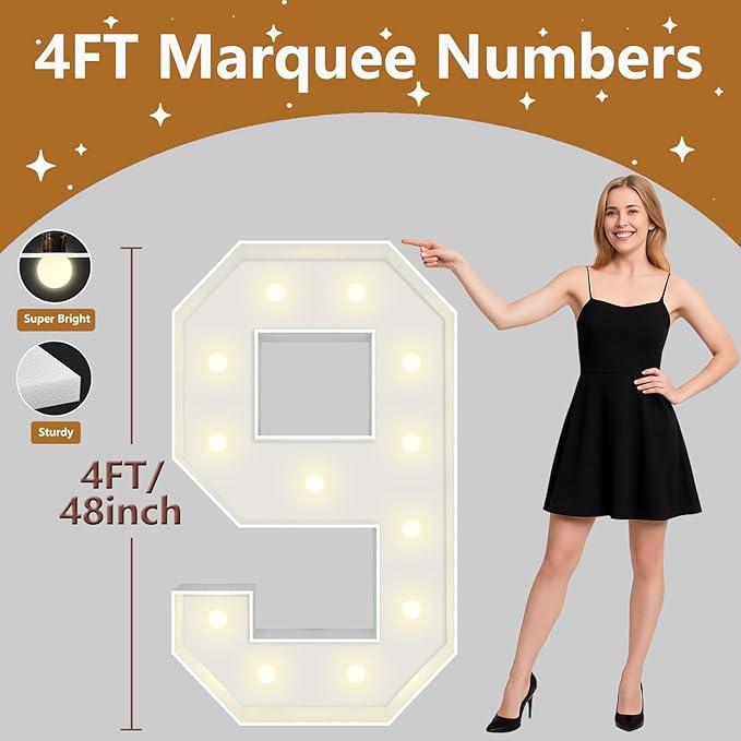 4FT Marquee Light Up Numbers, Giant Marquee Numbers, Pre-Cut DIY Foam Board Number 9 for 9 Birthday Decorations, 19th 29th 90 Birthday Decor, Anniversary Decor