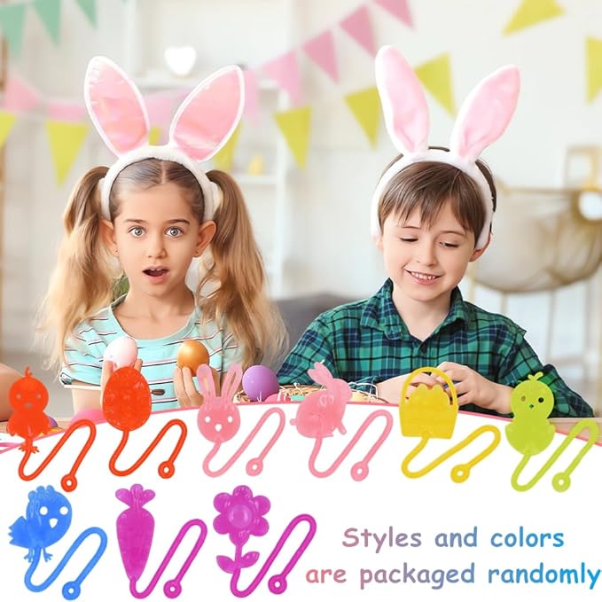 24 Pack Easter Sticky Hands Toys with 24 Pcs Plastic Easter Eggs, Easter Bunny Egg Chick Carrot Flower Basket Sticky Stretchy Toys for Kids Girls Boys Easter Basket Stuffers Party Favors Gifts