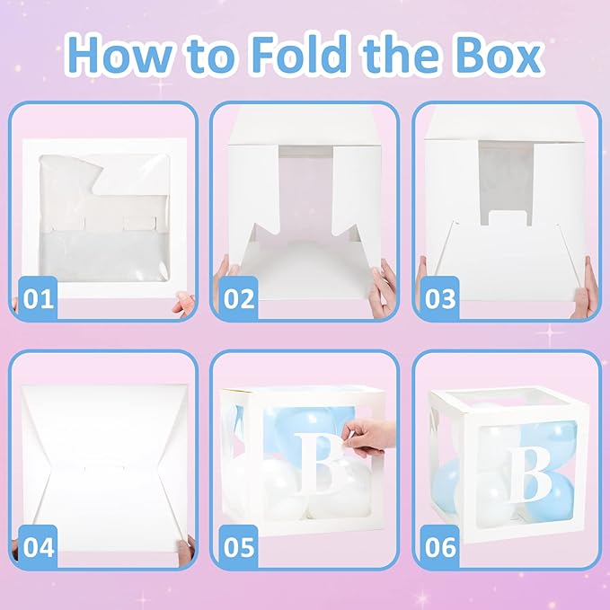 Baby Boxes with Letters for Baby Shower, 4 Transparent Balloon Boxes with Letters for Gender Reveal Birthday Wedding Baby Shower Decorations(Blue and White Balloons)