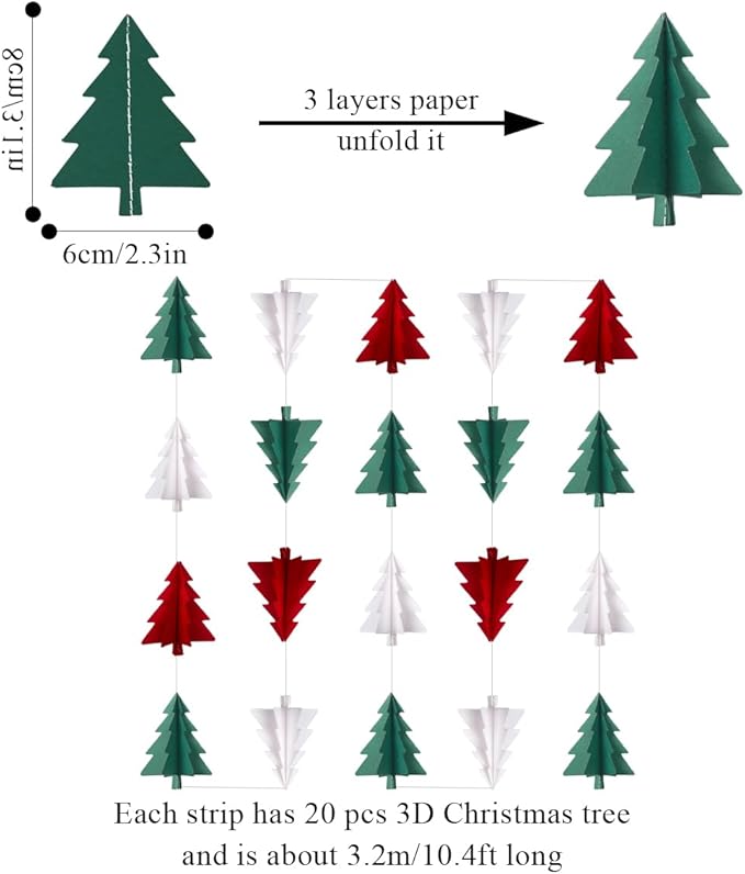 Red White Green Christmas Decorations - 2Pcs 3D Christmas Tree Paper Streamers Party Banner Garland Hanging Decor