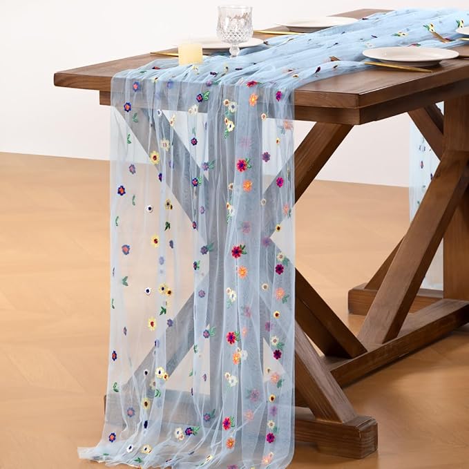 Socomi Embroidery Daisy Spring Easter Floral Wildflower Tulle Gauze CheeseclothTable Runners for Wedding Party Baby Shower Birthday Holiday Picnic Home Decor Blue 3pcs