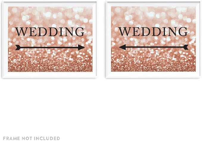 Andaz Press Wedding Party Directional Signs, Glitzy Rose Gold Glitter, 8.5x11-inch, Double-Sided, Wedding with Big Arrow, 1-Pack, Bokeh Colored Party Supplies