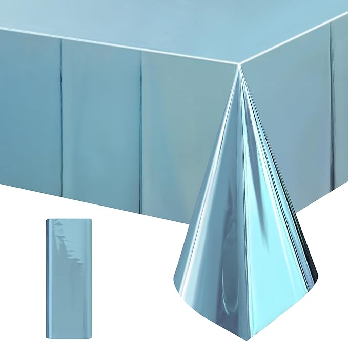 1 Piece Light Blue Foil Tablecloth 54*72inch Plastic Baby Shower Frozen Birthday Party Table Cloths Disposable Waterproof Table Cover for Winter Christmas Wedding Graduation Party Supplies