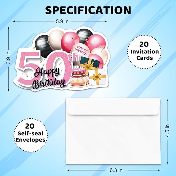 ERHACHAIJIA 20 PCS Pink & Black Golden Balloons & Cake Shaped Fill-In Invitations Cards With Envelopes, Funny 50th Happy Birthday Party 50 Year Old Birthday Invites For Women Lady Wife Mom Adults