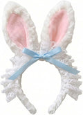 Blync Easter Bunny Ears Headband, Lace Curly Rabbit Hair Accessories, Pink Bow Hairband for Party, Photos, Cosplay