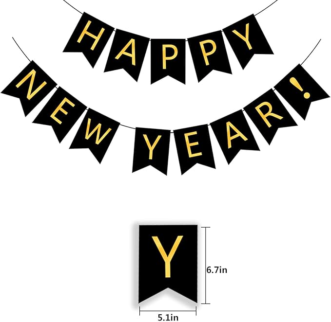 FECEDY Happy New Year Banner Black Bunting with Gold Alphabet for New Year Party Supplier Eve Party Decorations