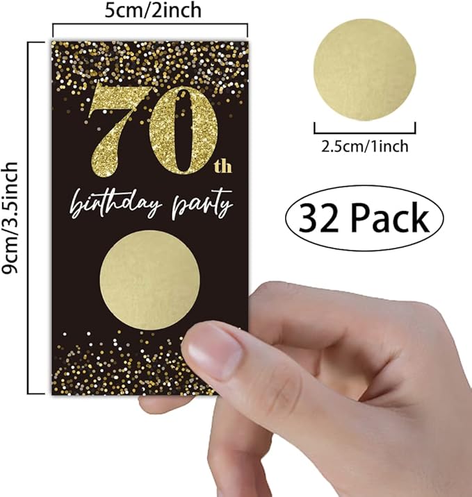 REWIDPARTY Black Gold 70th Birthday Party Scratch Off Game Cards (32 PCS) Cheers to 70 Years Prize Raffle Tickets Happy 70th Birthday Party Scratch Cards Supplies Activity for Family Friends Adults
