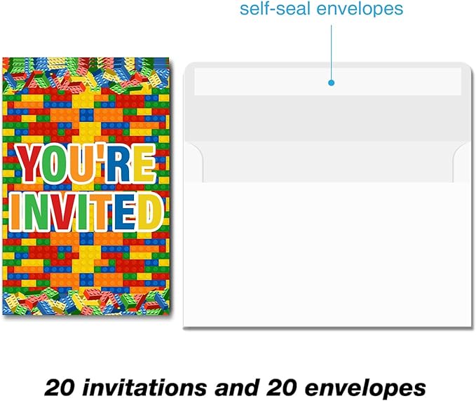 Soiceu Building Blocks Birthday Invitations, Cute Building Blocks Birthday Party Invites with Envelopes Set of 20