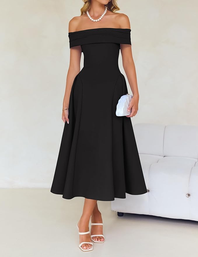 ZESICA Summer 2026 Cocktail Dresses for Women's Off Shoulder Short Sleeve Swing A Line Wedding Evening Party Midi Dress