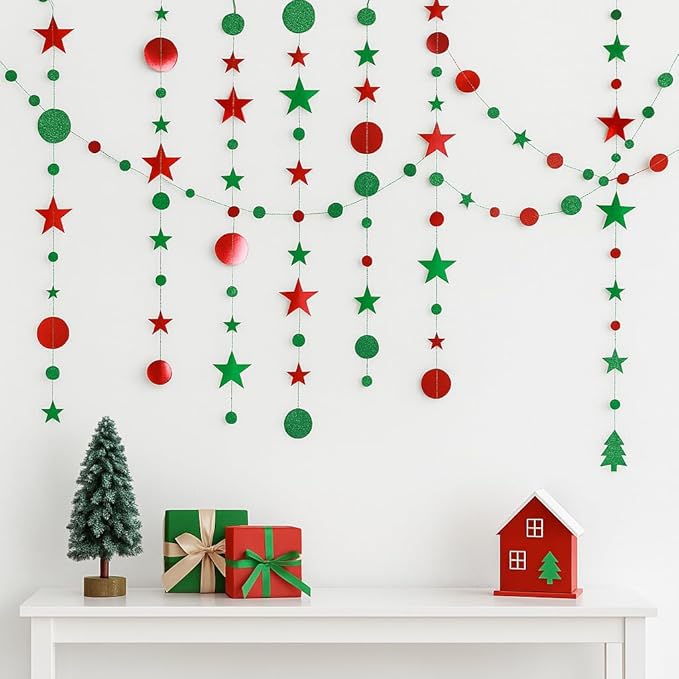 GCQQ 52Ft Christmas Garlands - Red Green Christmas Paper Streamers Garland Glitter Star Circle Dots Wall Hanging Decorations Indoor for New Year, Xmas Tree, Office, Table, Ceiling, Classroom