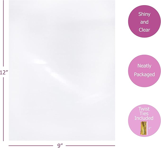 Purple Q Crafts Clear Plastic Cellophane Bags with 4" Colored Twist Ties for Gifts Party Favors (9"x12" 50 Pack)