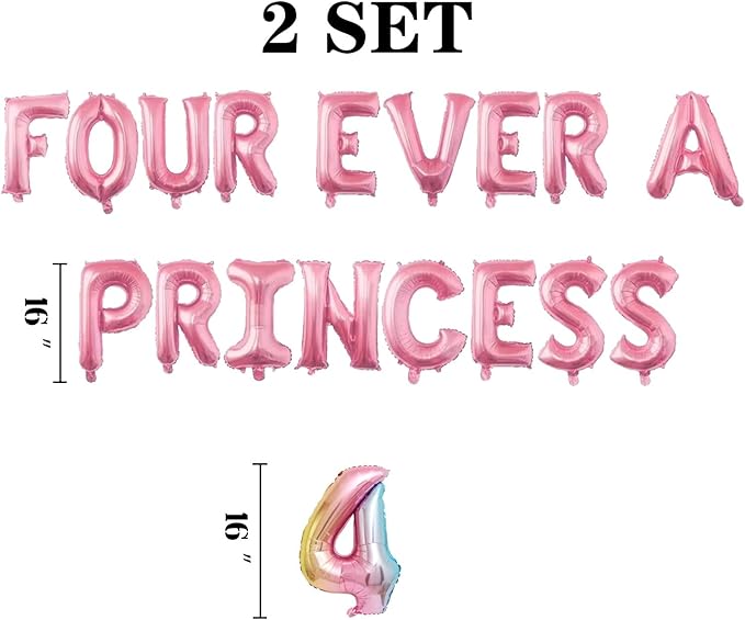 2 Set 34Pcs Pink FOUR EVER A PRINCESS Letter Balloons 16in Balloon Foil Letter Decorations Party Decor Pink Letter Balloons FOUR EVER A PRINCESS Party Supplies
