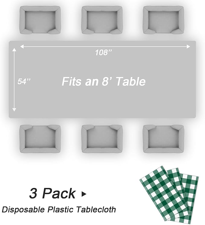 QIKSION Green Gingham Tablecloth Disposable 3 Pack, 54 x 108 Inch Green and White Checkered Table Cloth for Camping, Birthday, Masters Golf Party Supplies, Rectangle, Plastic Table Cover