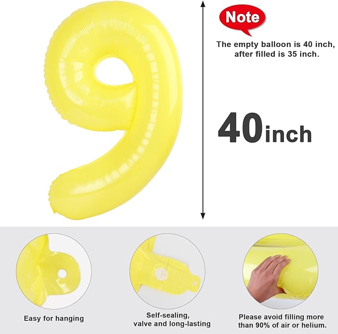 40 Inch Yellow Numbers 9 Balloon, Balloons Decorations for 9 19 90 Birthday Party, Engagement, Wedding, Graduations, Photo Shoot Supplies