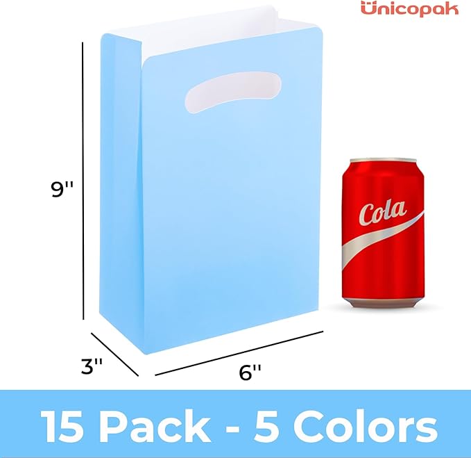 UnicoPak 15 Pack Pastel Party Favor Bags - 6x3x9" Matte Goodie Bags in 5 Assorted Colors for Birthday, Wedding, Baby Shower - Sturdy Teal Pink Purple Blue Gift Bags with Handles, Customizable for Treats & Cookies