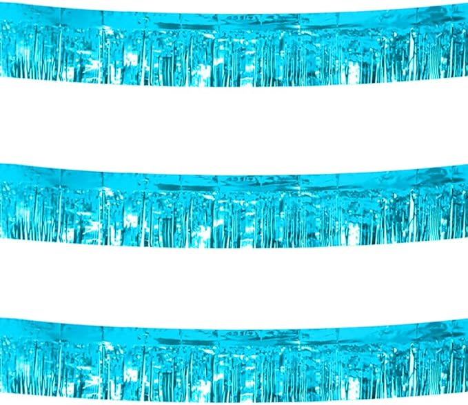 3 Pack Total 30 Feet Foil Fringe Garland Light Blue Metallic Wall Hanging Drapes Tassel Skirting Teal Tinsel Streamers for Parade Float Trailer Mardi Gras Party Birthday Wedding (Turquoise)