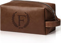 Personalized Gifts Travel Toiletry Bag for Men Engraved Initial PU Leather Waterproof Shaving Bag for Toiletries Accessories Fathers Day Birthday Gift for Men Dad Husband Son, Reddish Brown F
