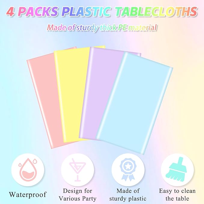 mwellewm 4 Pcs Pastel Table Cloths for Parties Plastic 54x72 Inch Rainbow Pastel Tablecloth Disposable Colorful Rectangle Table Cover Decoration for Birthday Baby Shower Wedding Princess Ice Cream