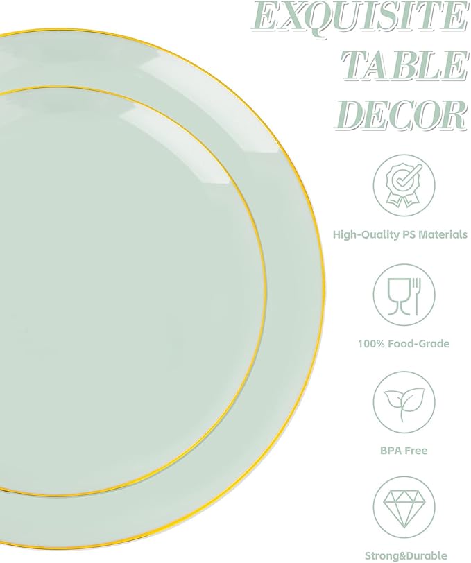 bUCLA 150PCS Green Plastic Plates - Sage Green with Gold Rim Disposable - Include 25 (Dinner & Dessert) Plates, 25 Knives, 25 Forks, 25 Spoons and 25 Cups for Party, Easter & Spring