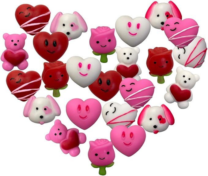 24 PCS Valentines Day Mochi Squishy Toys Squishies for Kids School Class Classroom Valentines Day Cards Gifts Prizes Party Favors