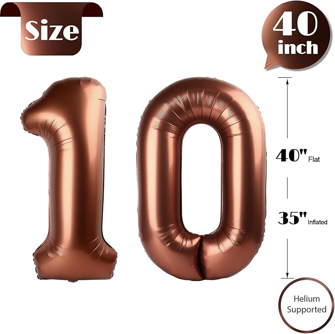 10 Balloon Number, Coffee Brown Number 10th Birthday Balloons 40 Inch, 10 Years Old Coffee Brown Birthday Decorations for Boys Girls, 10th Anniversary Decorations