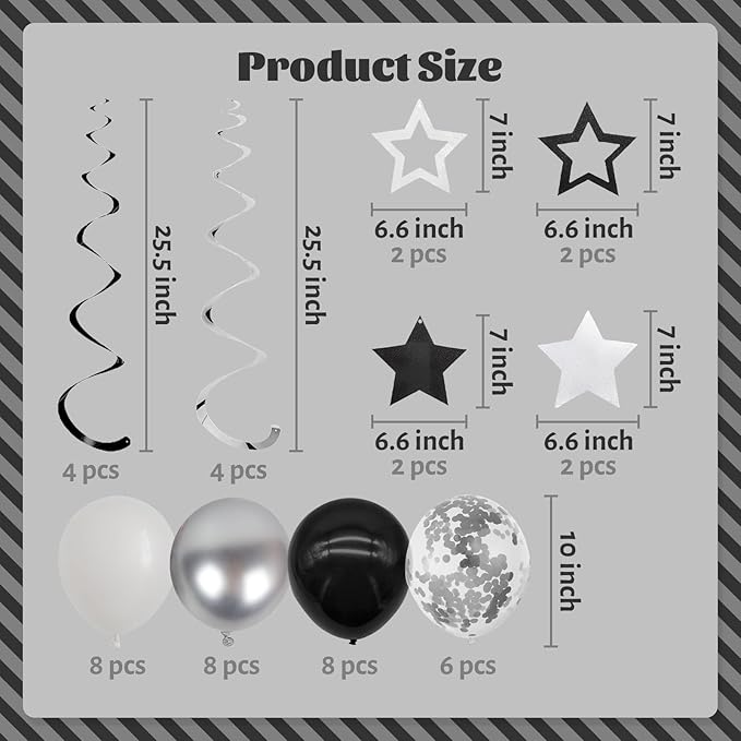 ZHENGYE Black Birthday Party Decorations Set: Happy Birthday Banner, Circle Dots, Stars Swirls Streamers, Black, White & Silvery Balloons, Confetti Balloons