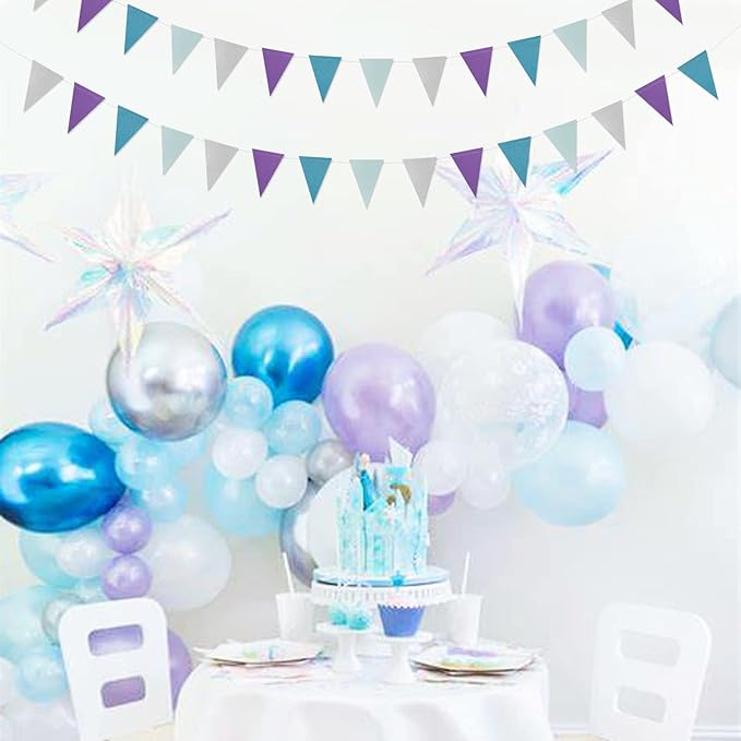 Purple-Blue Silver Frozen-Christmas Party-Decorations Banner,2 Pack Winter Girl Birthday New Year Paper Triangle Pennant Flags Streamers,Wonderland Mermaid Baby Shower Supplies Decor Lasting Surprise