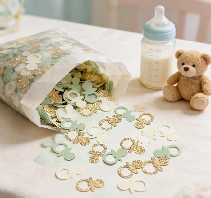 Sage Green Gold Pacifiers Table Confetti Scatters Neutral Baby Shower Boy Girl First Birthday Party Favors Gift Wrap Decor Supplies, 200PCS