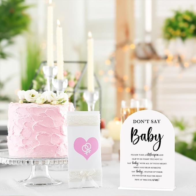 Baby in Bloom Shower Decorations, Baby Shower Sign, Newborn Gifts, Don't Say Game Signs, Modern Calligraphy Arched Acrylic Table Top Signs With Stand for Birthday Party Decorations (White)