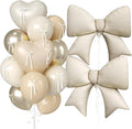 Cream and Apricot Heart Balloons, 38 Inch Bow Balloons, 16PC Champagne Gold Beige Sand White Balloon Helium with Bow Ribbons for Neutral Birthday Wedding Bridal Baby Shower Valentines Day Decorations