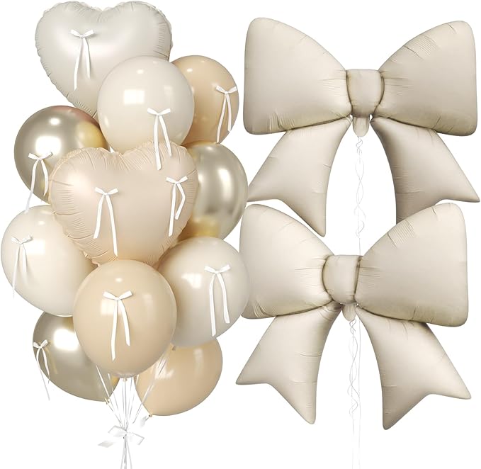 Cream and Apricot Heart Balloons, 38 Inch Bow Balloons, 16PC Champagne Gold Beige Sand White Balloon Helium with Bow Ribbons for Neutral Birthday Wedding Bridal Baby Shower Valentines Day Decorations