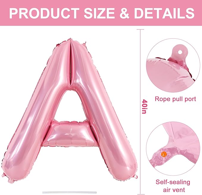TONIFUL 40 Inch Large Pink Letter A Balloons Giant Foil Mylar Alphabet Balloon for Birthday Party Anniversary Baby Shower Wedding Supplies Decorations
