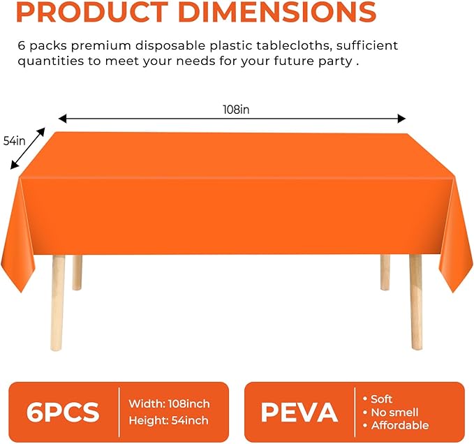 6 Pack Premium Disposable Plastic Tablecloth 54" x 108" Party Table Cloths Disposable for 6 to 8 Foot Tables Indoor or Outdoor Birthdays Weddings Christmas Anniversary Buffet Table (Orange)