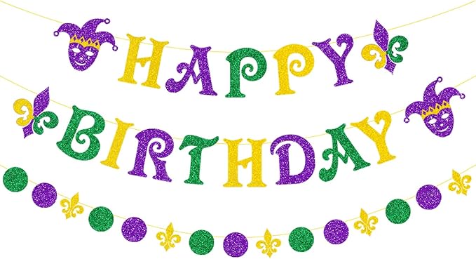 Zwiebeco Green Purple Gold Happy Birthday Banner Circle Dots Irises Bunting Garland Hanging Paper Party Decorations for Boys Girls Mens Womens Adults Mardi Gras Themed Bday Decor Accessories Supplies