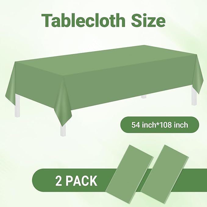 Childom 2 Pack Sage Green Tablecloths,54"x108" Plastic Table Cloth Disposable for Rectangle Tables,Sage Green Table Cover for Dinner Outdoor Picnic Birthday Bridal Wedding Baby Shower Party Decoration