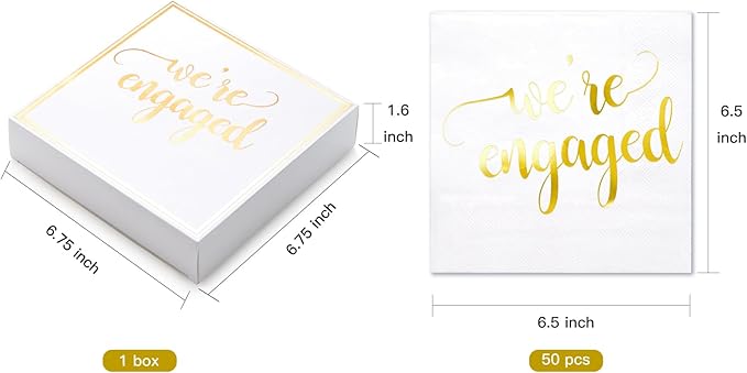 WRAPAHOLIC 50Pcs Gold We're Engaged Napkins - 3 Ply Disposable Paper Luncheon Napkin for Tableware Party Supplies - 6.5 x 6.5 In
