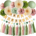 Olive Green and Pink Birthday Decorations Sage Green and Dusty Pink Birthday Decorations Dusty Rose Pom Poms Boho Sage Green Birthday Party Decorations with Green Pink Tassel Garland for Women Girls