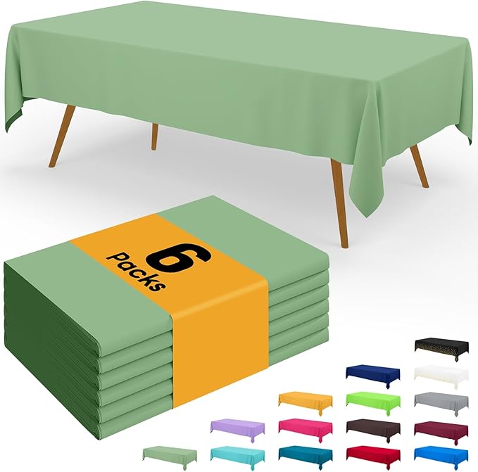 Smiry Disposable Table Cloth - 6 Pack, 54 x 156 Inch Waterproof Rectangle Tablecloths for Parties, Decorative Plastic Table Cover, Leakproof & Sturdy, Sage Green