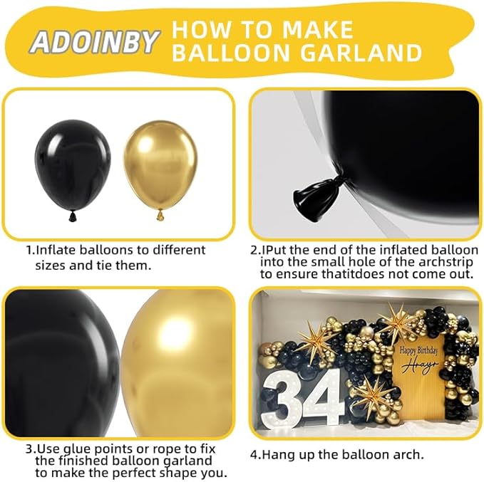 Black and Gold Balloon Arch Kit, 140Pcs Explosion Star Black and Metallic Gold Balloons 22 18 12 10 5 Inch Different Size Balloons for Birthday Anniversary Graduation New Year Decorations