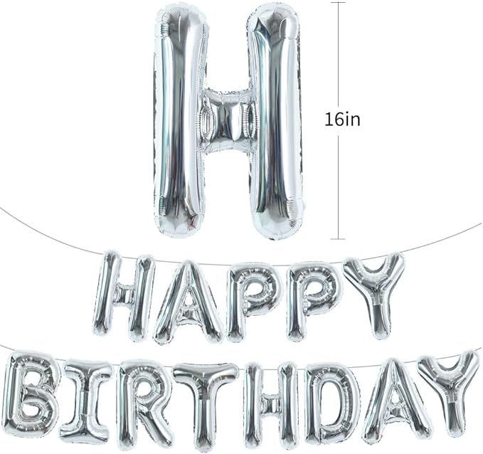 TONIFUL Silver Happy Birthday Balloons Banner, 16 Inch Mylar Foil Letters Sign Bunting Reusable for Girls Boys Kids & Adults Birthday Decorations Party Supplies