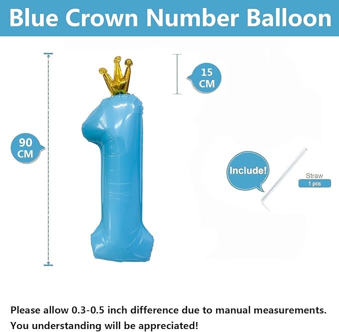 Blue Number 1 Balloon with Crown, 40 inch Blue Number Balloon 1st Birthday Party Decoration BlueCrown Balloons 0-9 for Birthday Party Anniversary Decorations Supplies
