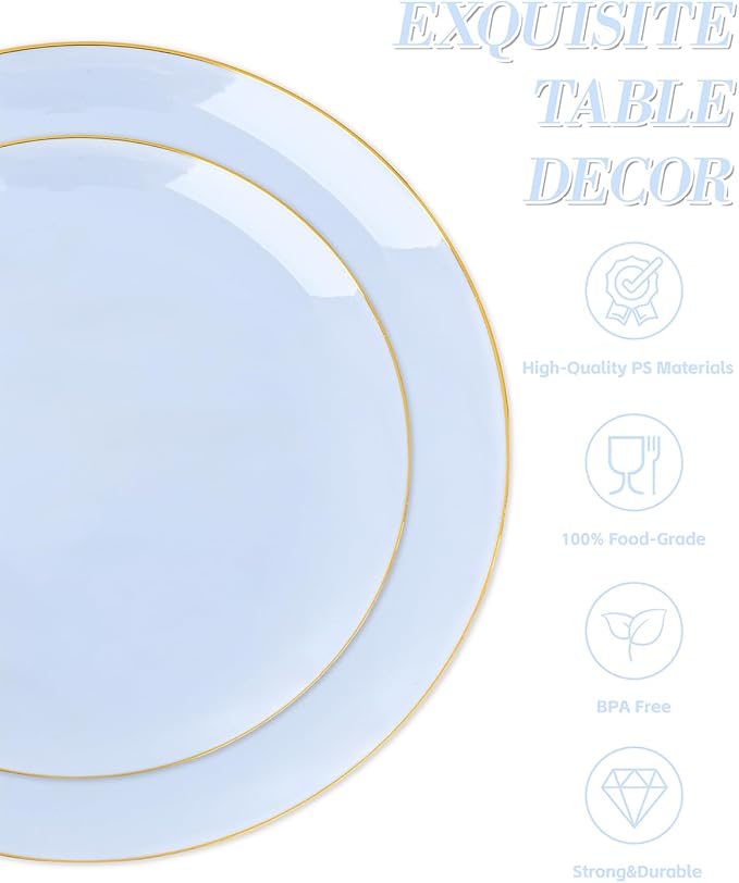 bUCLA 150PCS Blue Plastic Plates - Light Blue and Gold Disposable Include 25 Each (Dinner & Dessert) Plates, 25 Knives, 25 Forks, 25 Spoons and 25 Cups, Ideal for Party, Easter, Birthday & Wedding