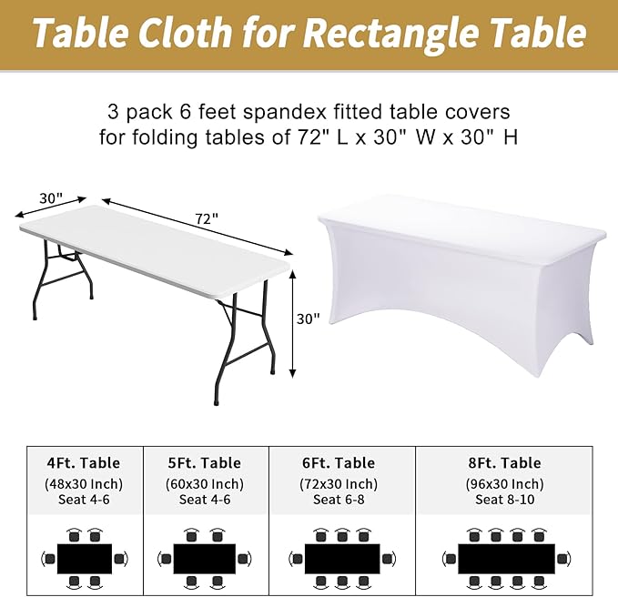 Fixwal 3 Pack White Table Cloths Rectangle 6FT, Tablecloths Rectangular Stretch Spandex Fitted Table Covers 6FT for Parties, Trade Shows, Banquet, Weddings, Buffet, Graduation Decorations