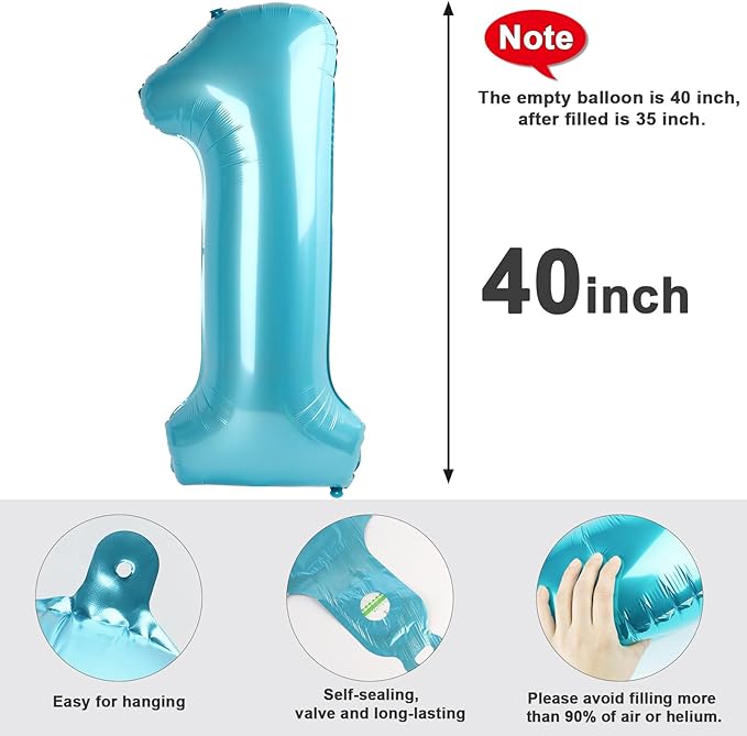 Number Balloons 1, 40 Inch One Balloons for 1st Birthday Girl Boy 1 11 21 Party Decorations Baby Shower Photo Shoot, Pearl Blue 1 Balloon